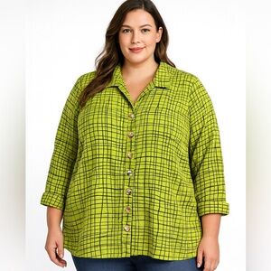 CMC‎ Color Me Cotton Women’s XL 100% Linen Button Front Shirt Lime Green Grid